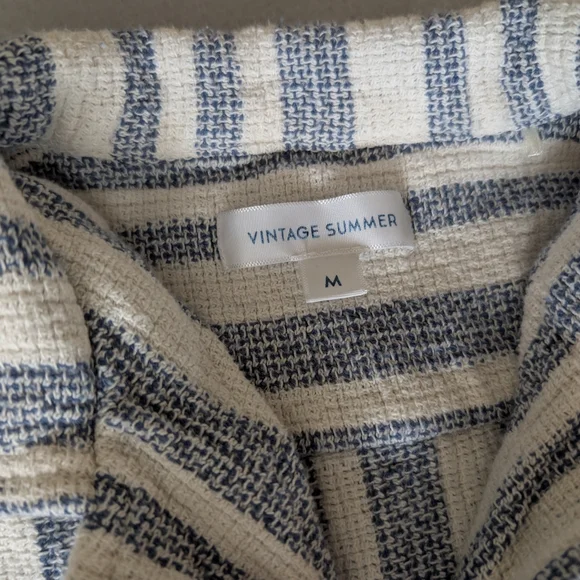 Vintage Summer Blue & White Textured Striped Short Sleeve Button Down Shirt Sz M - Picture 6 of 11